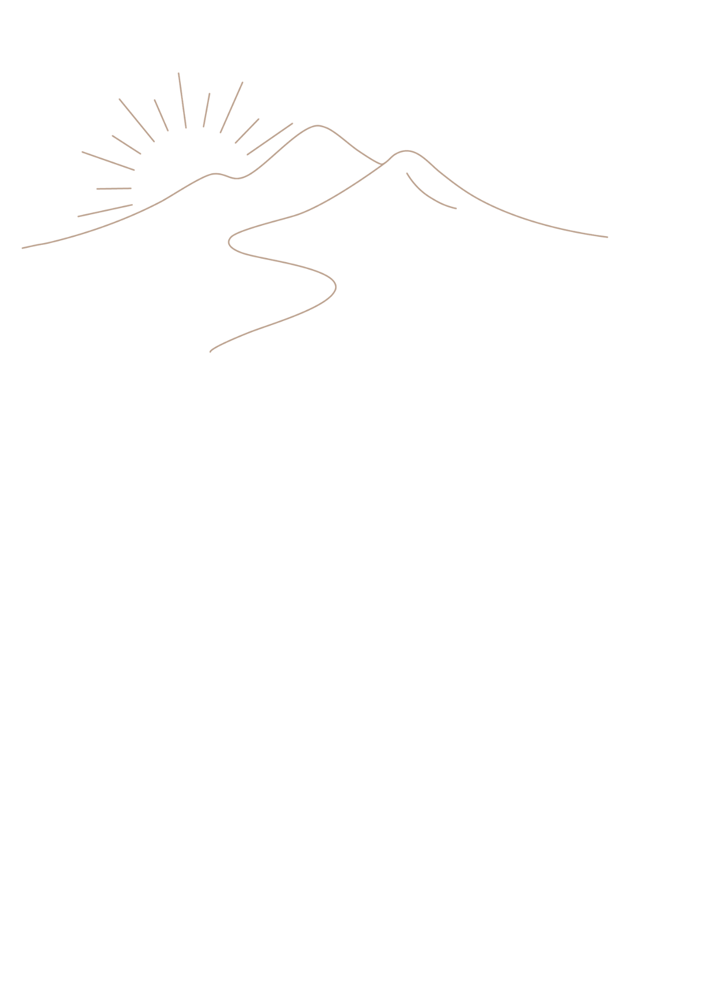 Minimalistische lijntekening van bergen, een kronkelend pad en de zon aan de hemel.