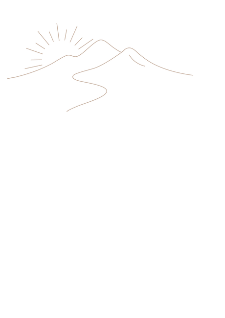 Minimalistische lijntekening van bergen, een kronkelend pad en de zon aan de hemel.