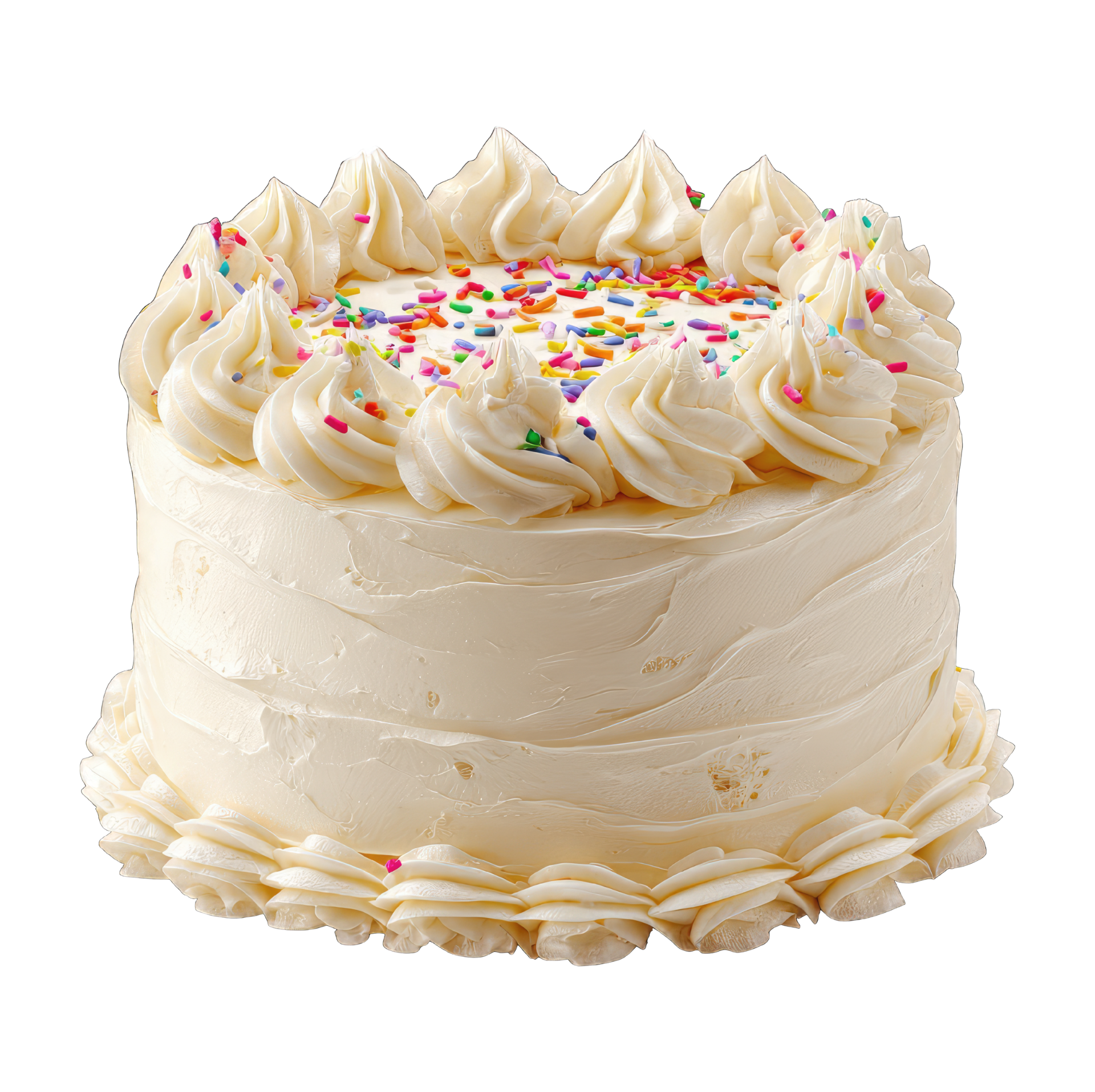 White frosted cake with swirled icing, colorful sprinkles, and piped border decorations