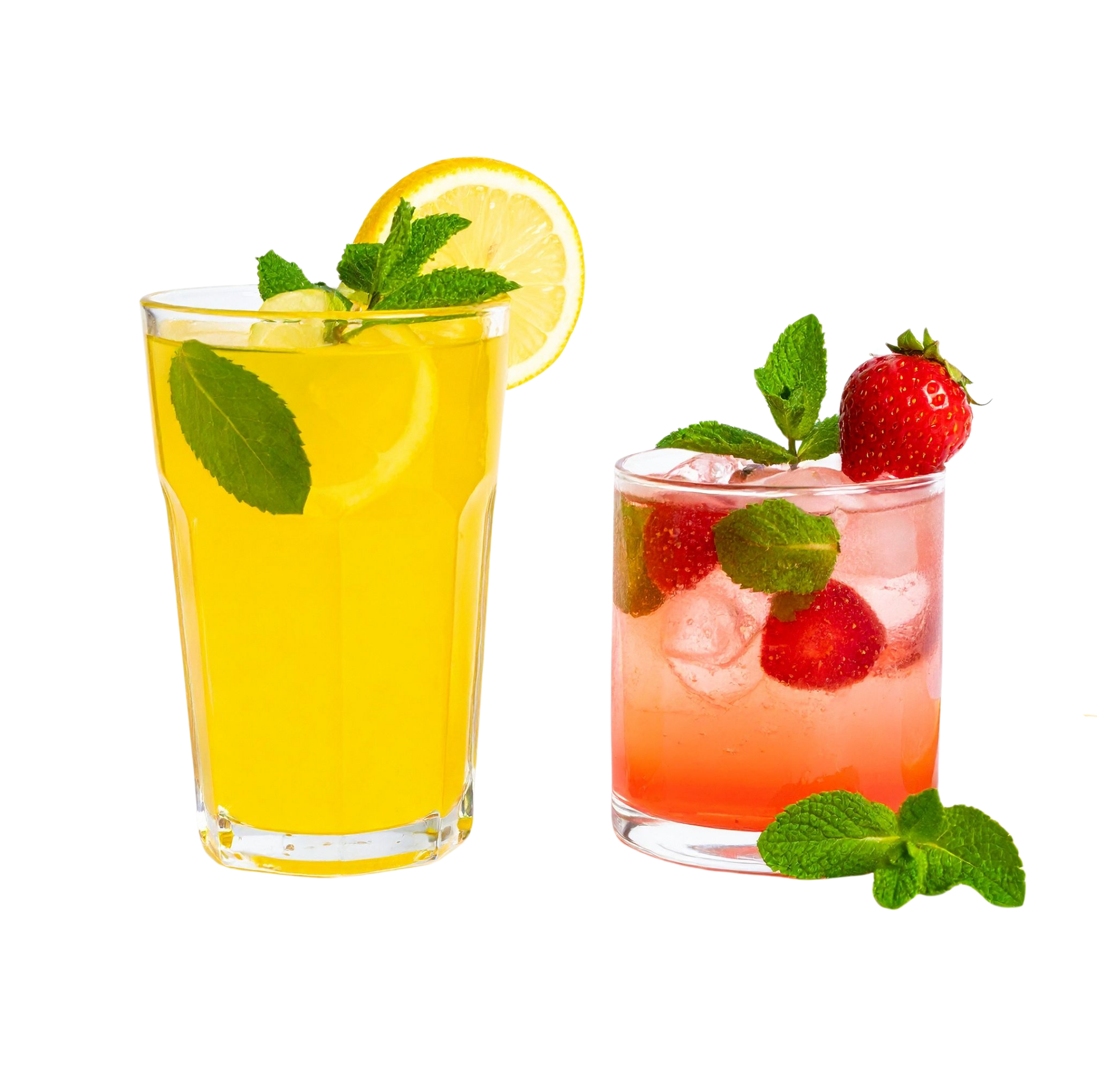 Two colorful fruit cocktails with mint, lemon, strawberries, and ice on a white background