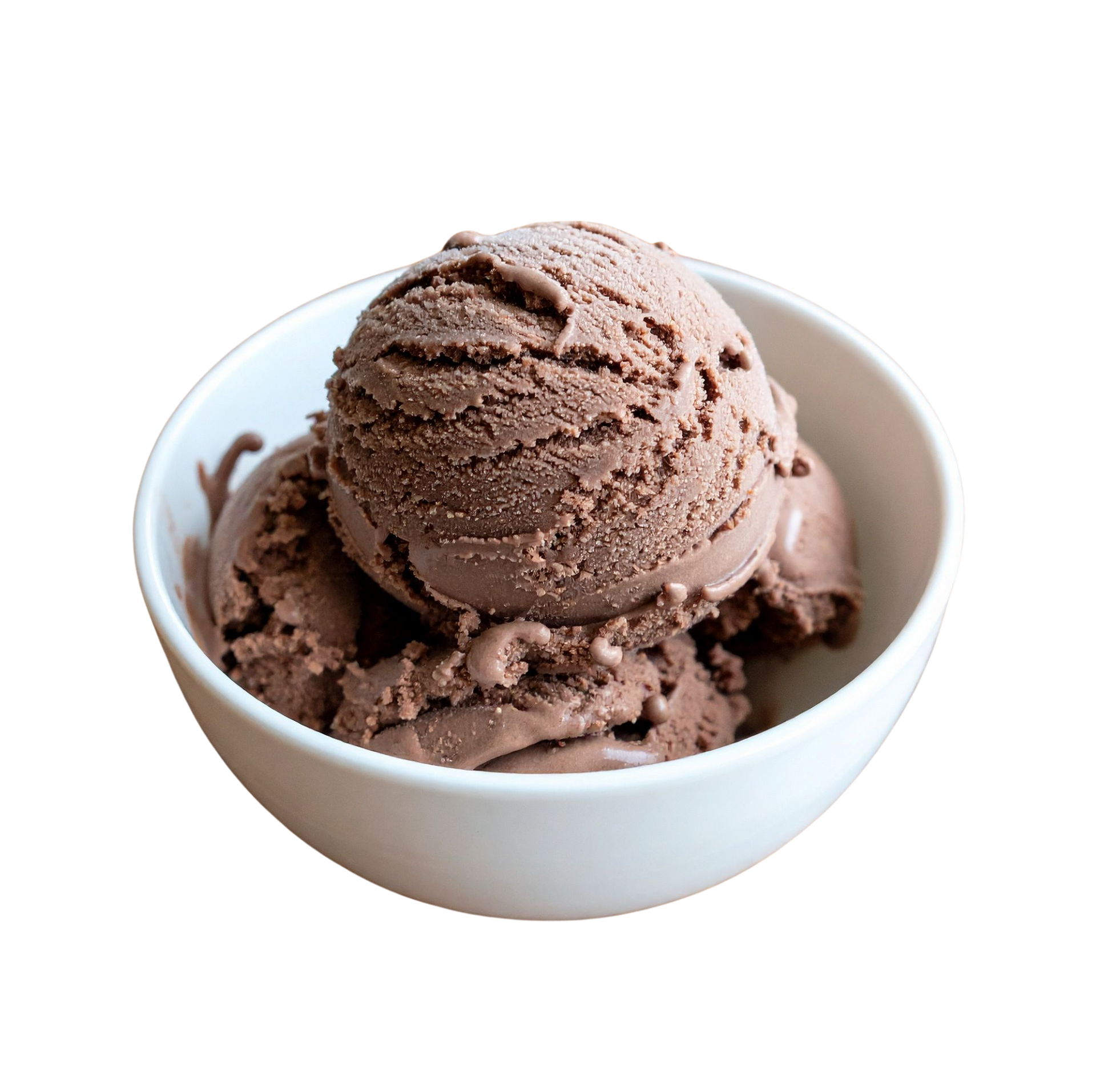 Chocolate ice cream scoops in a white bowl