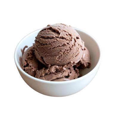 Two scoops of chocolate ice cream in a white bowl