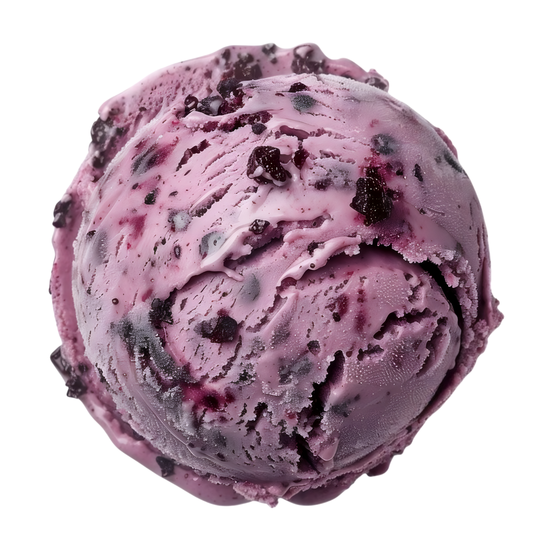 Purple berry ice cream scoop with dark fruit swirls and chunks on a white background