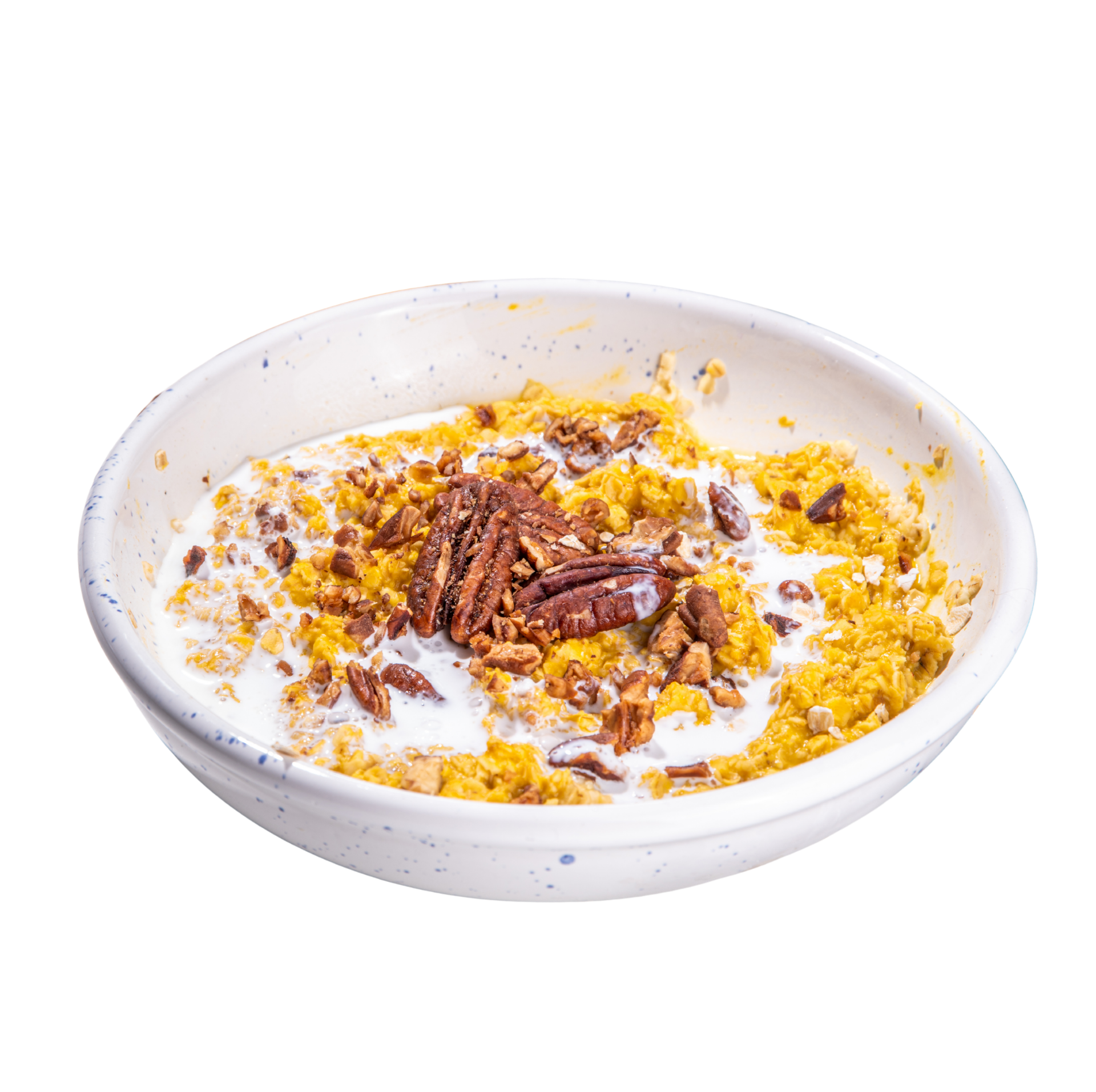 White bowl of cereal with milk, topped with cornflakes and pecans on a white background