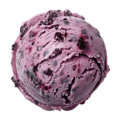 A scoop of purple berry ice cream with dark fruit pieces on a white background