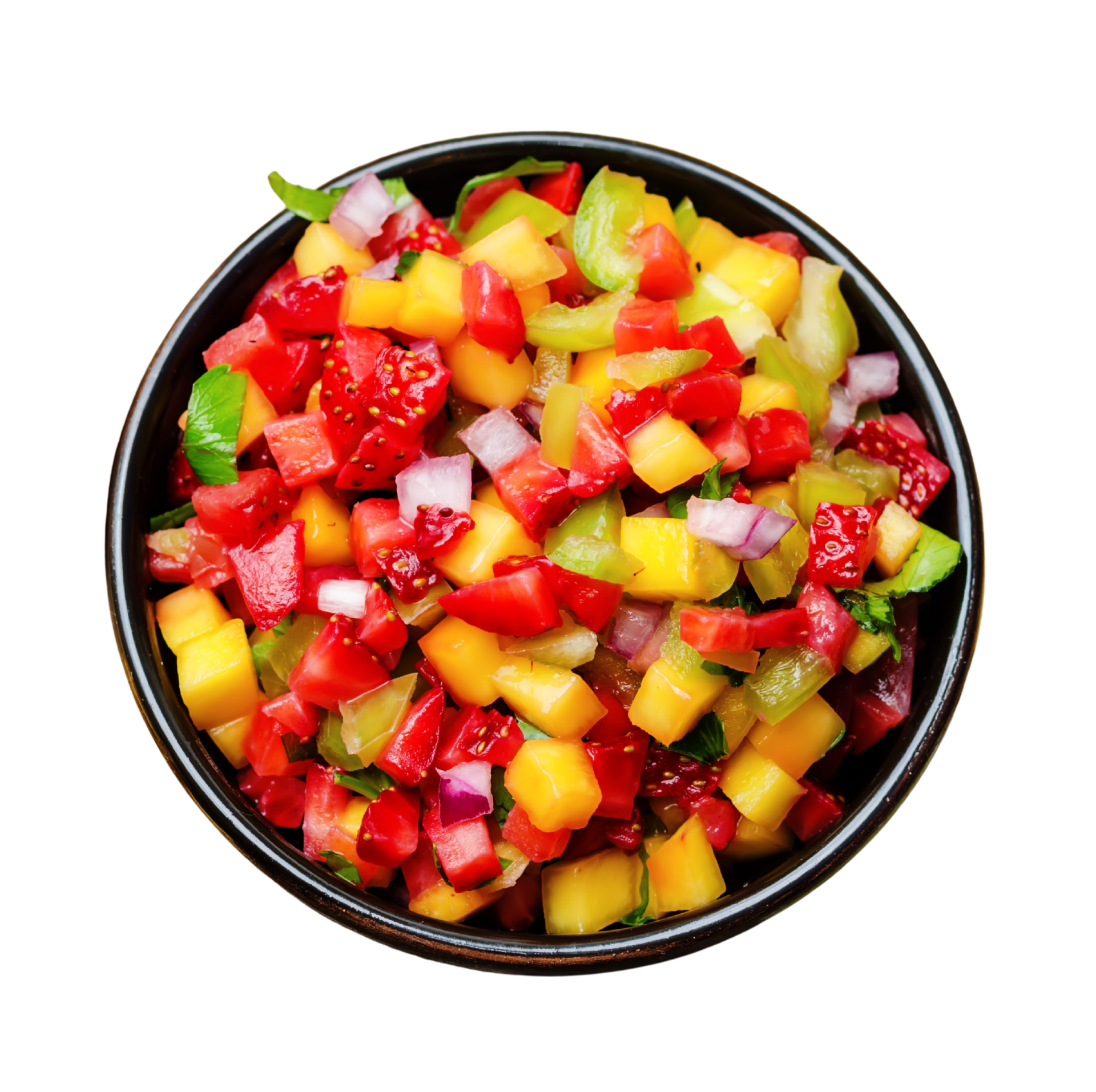 Bowl of colorful diced fruit salad with strawberries, mango, kiwi, and apple pieces
