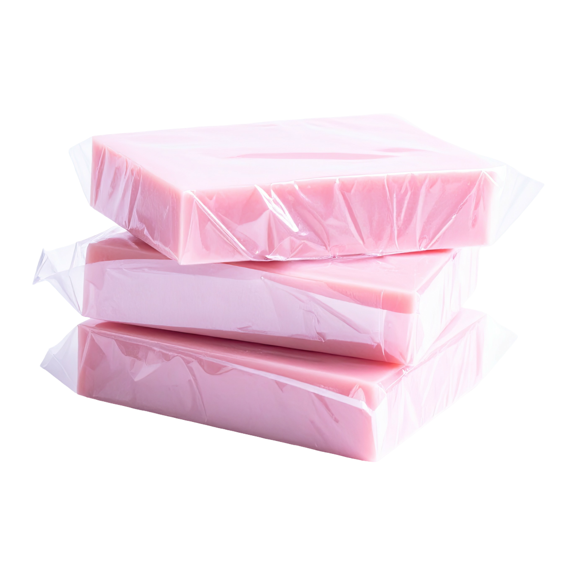 Three pink rectangular soap bars wrapped in clear plastic, stacked on a white background