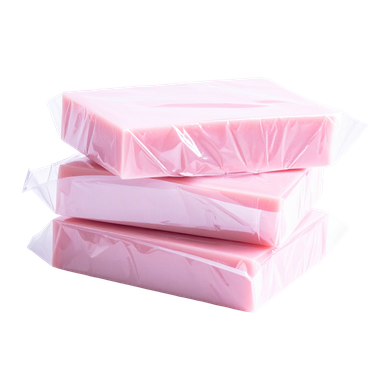 Stack of pink wrapped rectangular bars on a white background