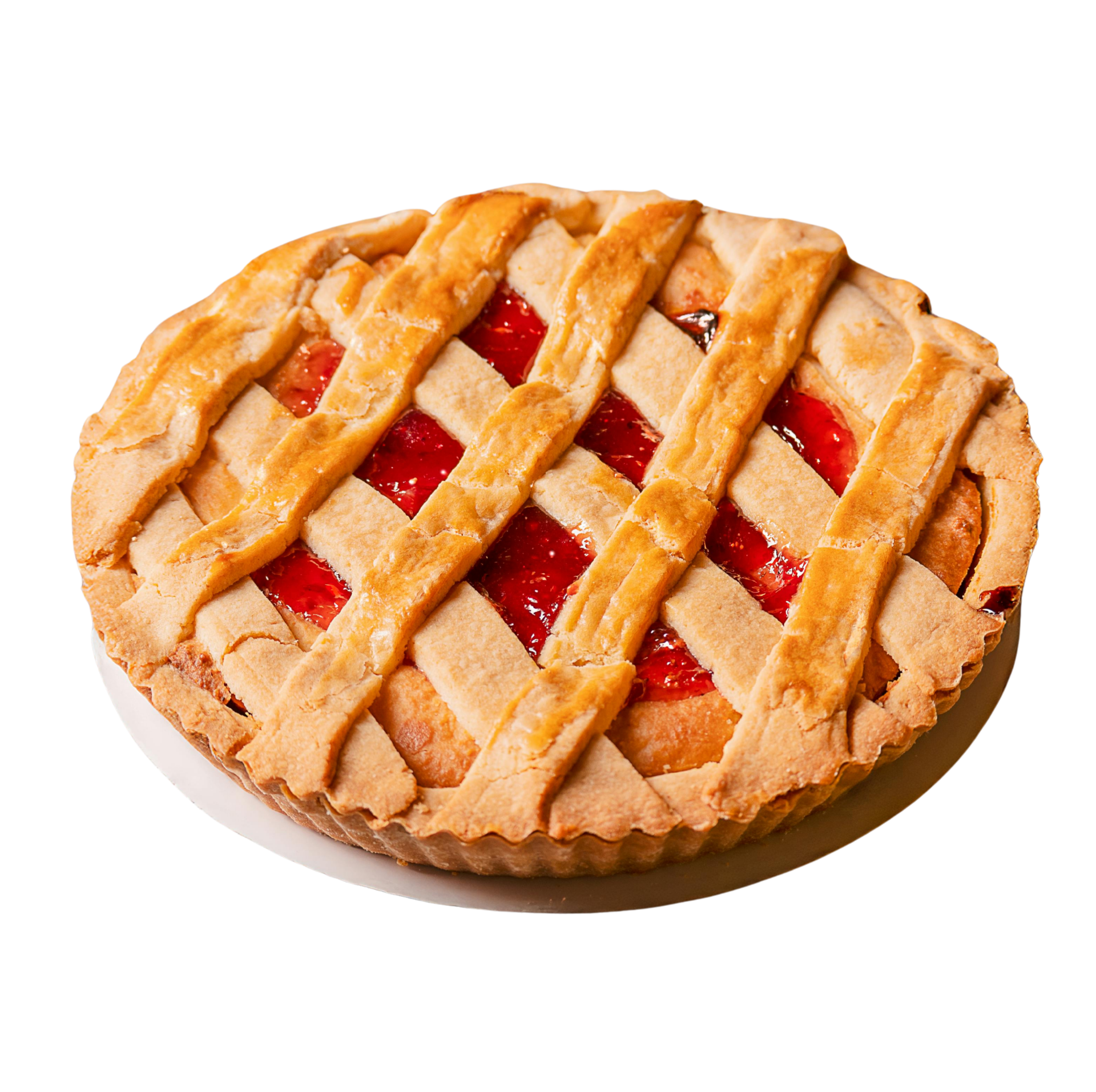 Lattice-top cherry pie with golden crust and red filling on a white background