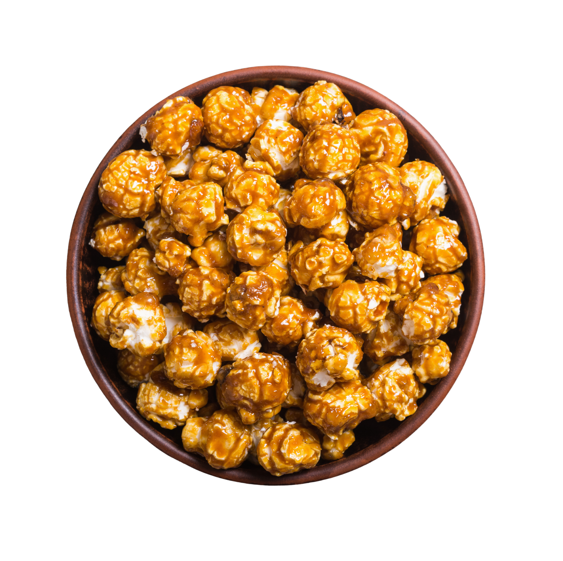Bowl of caramel-coated popcorn with a white drizzle on a plain background