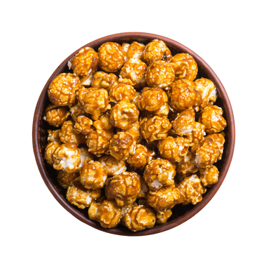 Bowl of caramel-coated popcorn on a white background