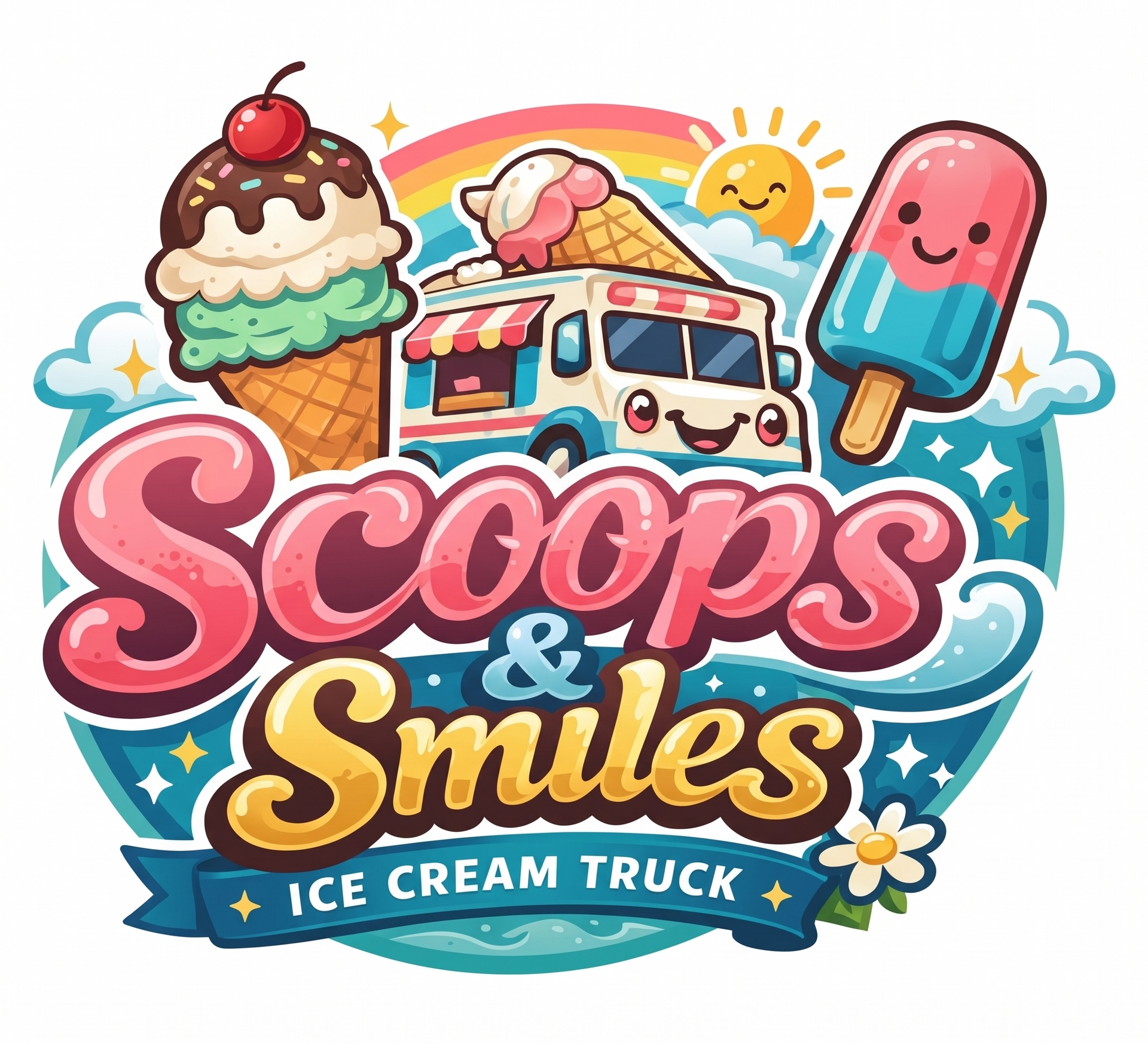 Colorful “Scoops & Smiles” ice cream truck logo with cones, popsicle, and a smiling sun