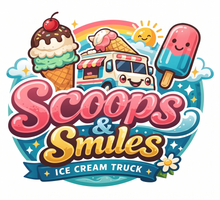 Colorful &ldquo;Scoops & Smiles&rdquo; ice cream truck logo with cones, popsicle, and a smiling sun
