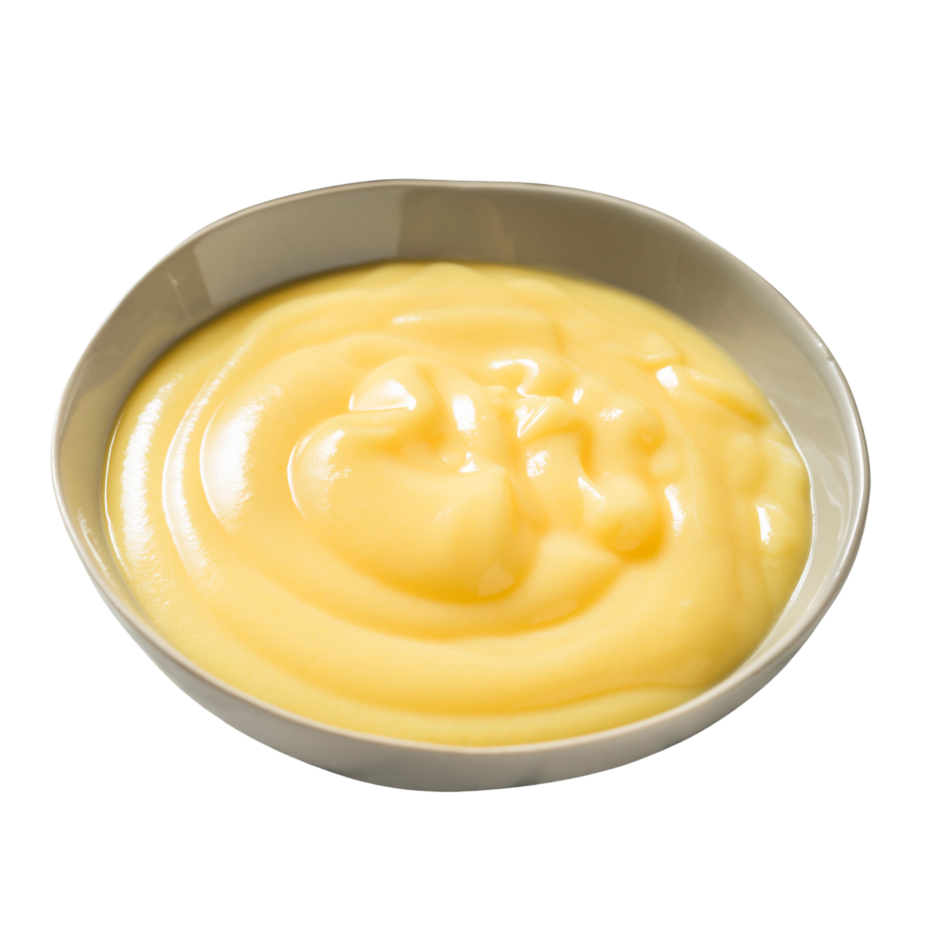 A shallow metal bowl filled with smooth yellow cream or sauce