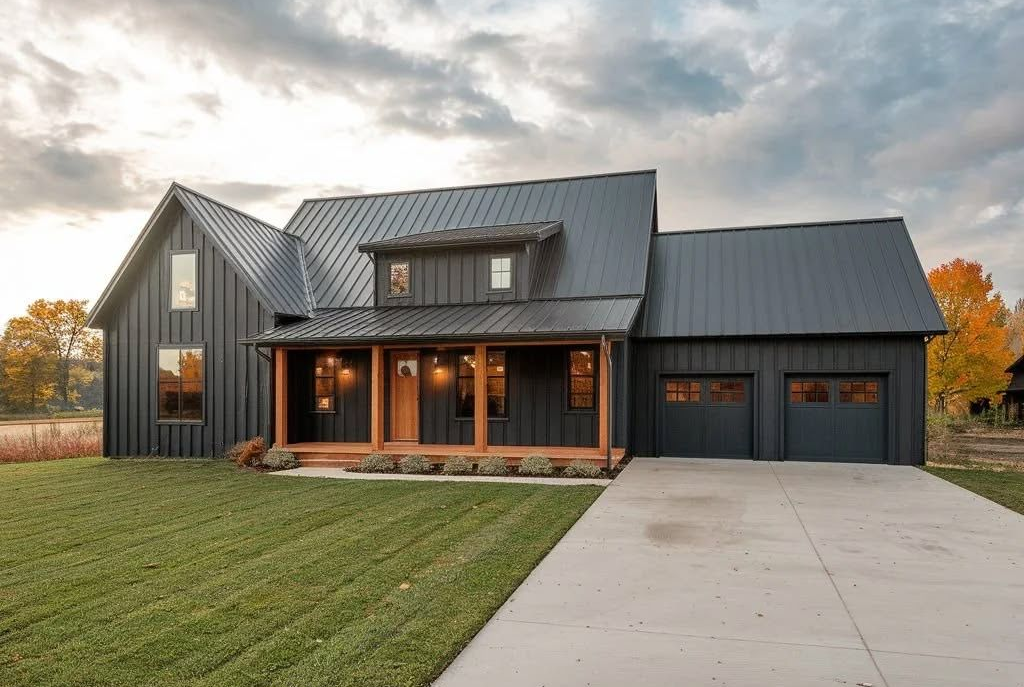 Modern farmhouse with black siding, metal roof, front porch, and attached garage beside a driveway