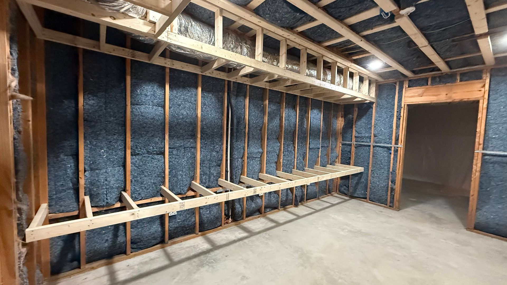 Exposed framed basement wall under construction with insulation, wood studs, and a doorway opening