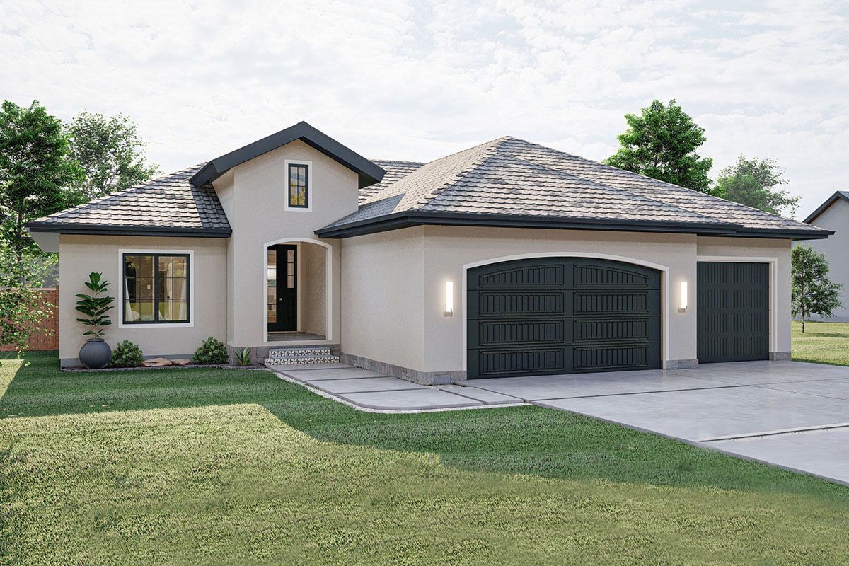 Single-story beige house with a dark shingled roof, black garage door, and green lawn.