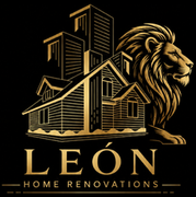 Gold logo of a house with a lion and text “LEÓN Home Renovations” on a black background