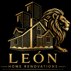 Gold logo of a house with a lion and text “LEÓN Home Renovations” on a black background