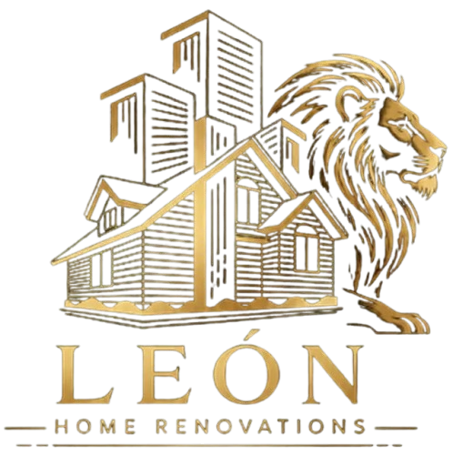 Gold logo of a house with city buildings and a lion, labeled “LEÓN Home Renovations”