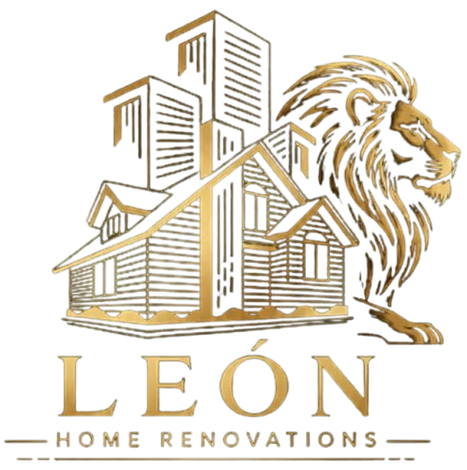 Gold logo of a house, city buildings, and lion with the text “LEÓN Home Renovations”