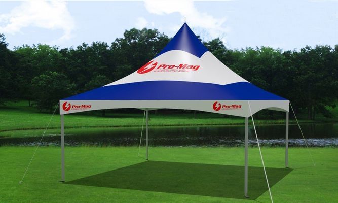 Blue and white tent with logo