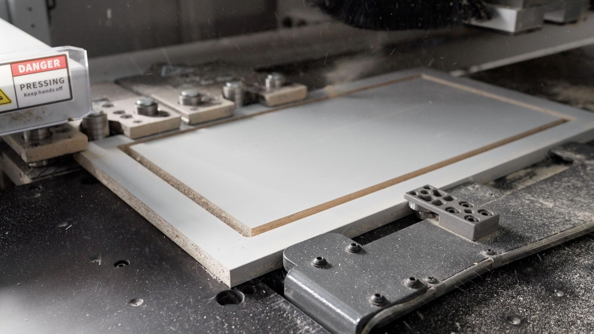 Industrial CNC machine cutting a white board on a metal worktable