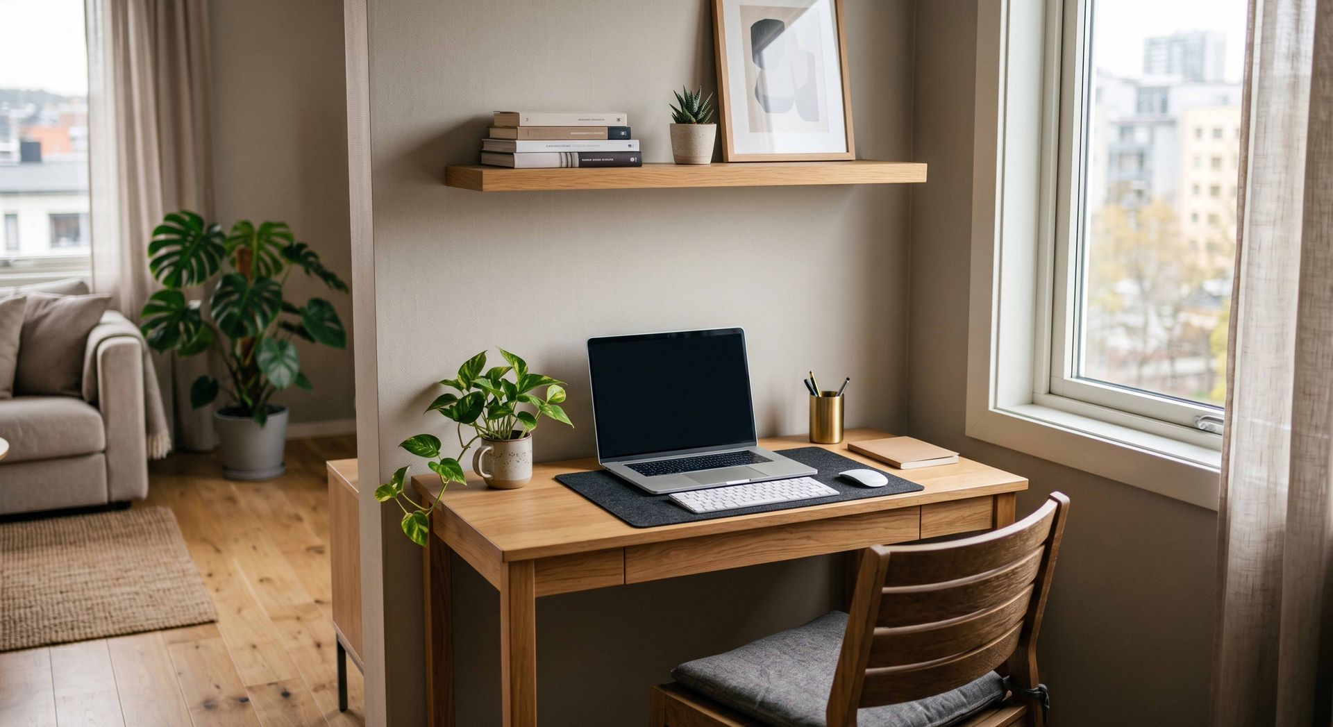 Cozy home office with a wooden desk, laptop, chair, shelves, and a window overlooking the city.