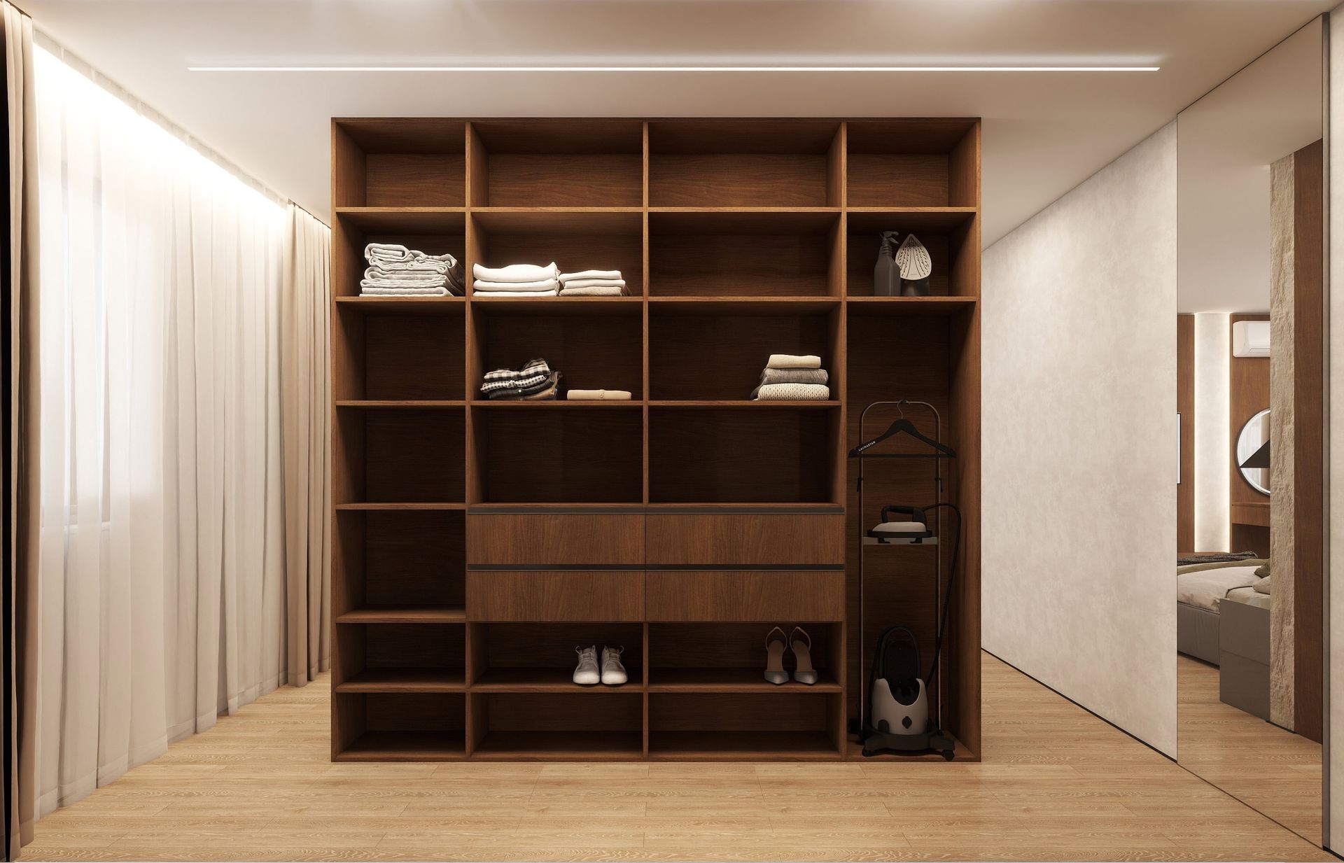 Modern bedroom with a wooden built-in wardrobe and shelves, beige curtains, and a full-length mirror.
