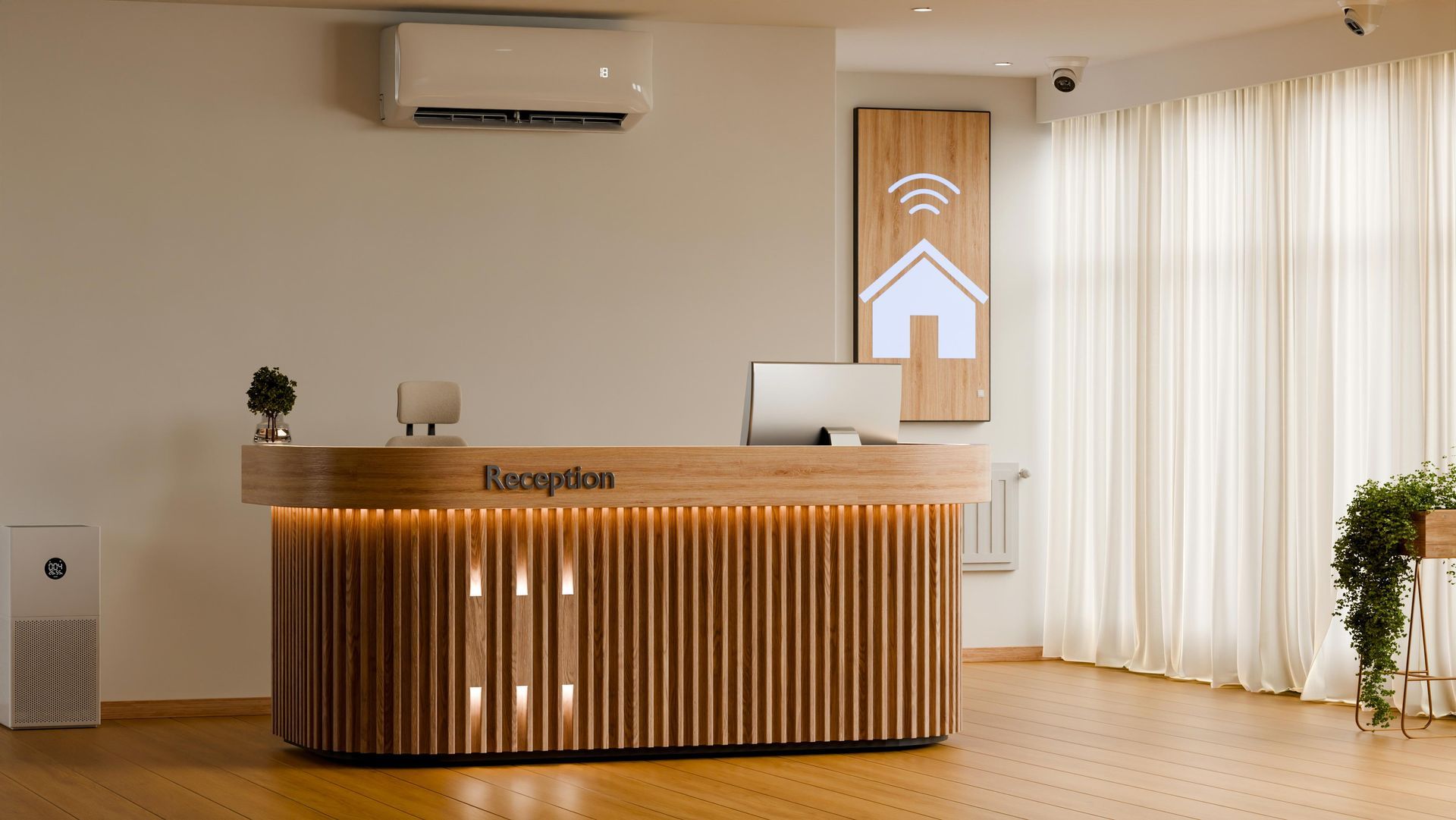Modern reception desk in a bright lobby with wood flooring, curtains, and wall-mounted AC unit
