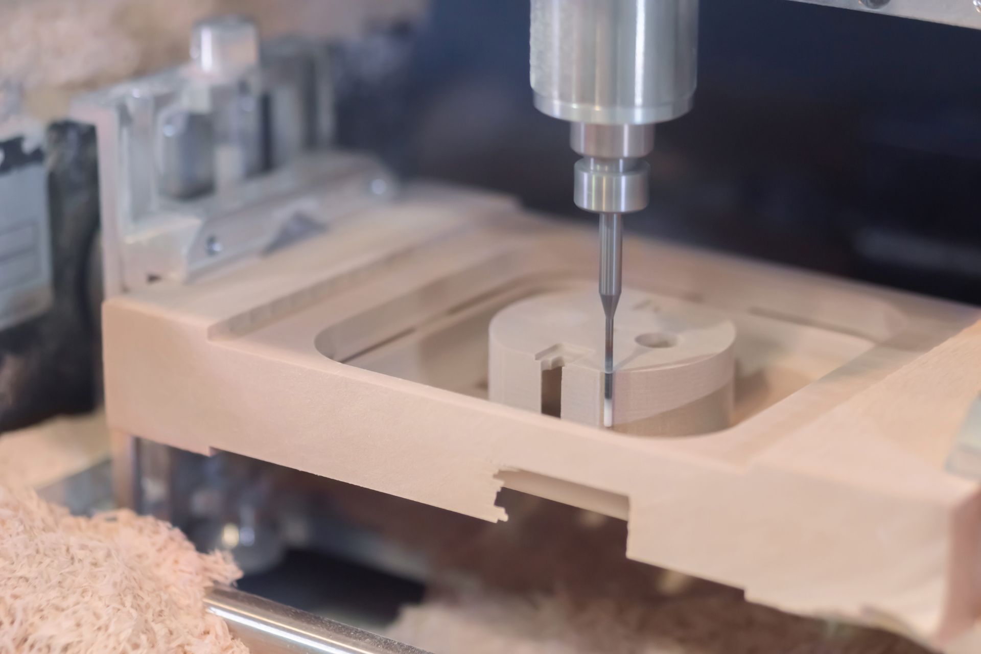 CNC machine cutting a beige plastic part with a milling bit in a workshop