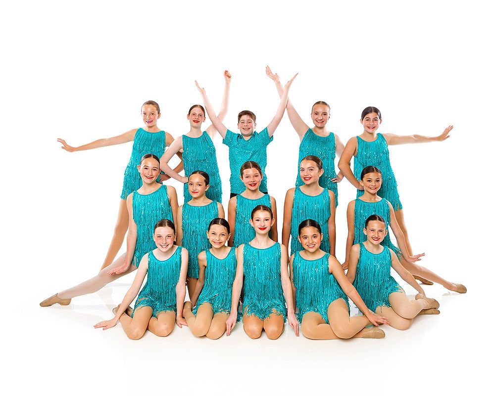 Cheering group in turquoise outfits posing in a pyramid formation on a white background