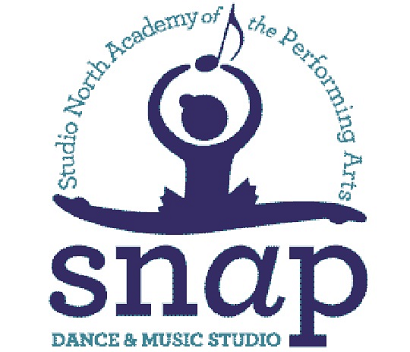 Logo for Snap Dance & Music Studio, Studio North Academy of the Performing Arts, in purple and blue.