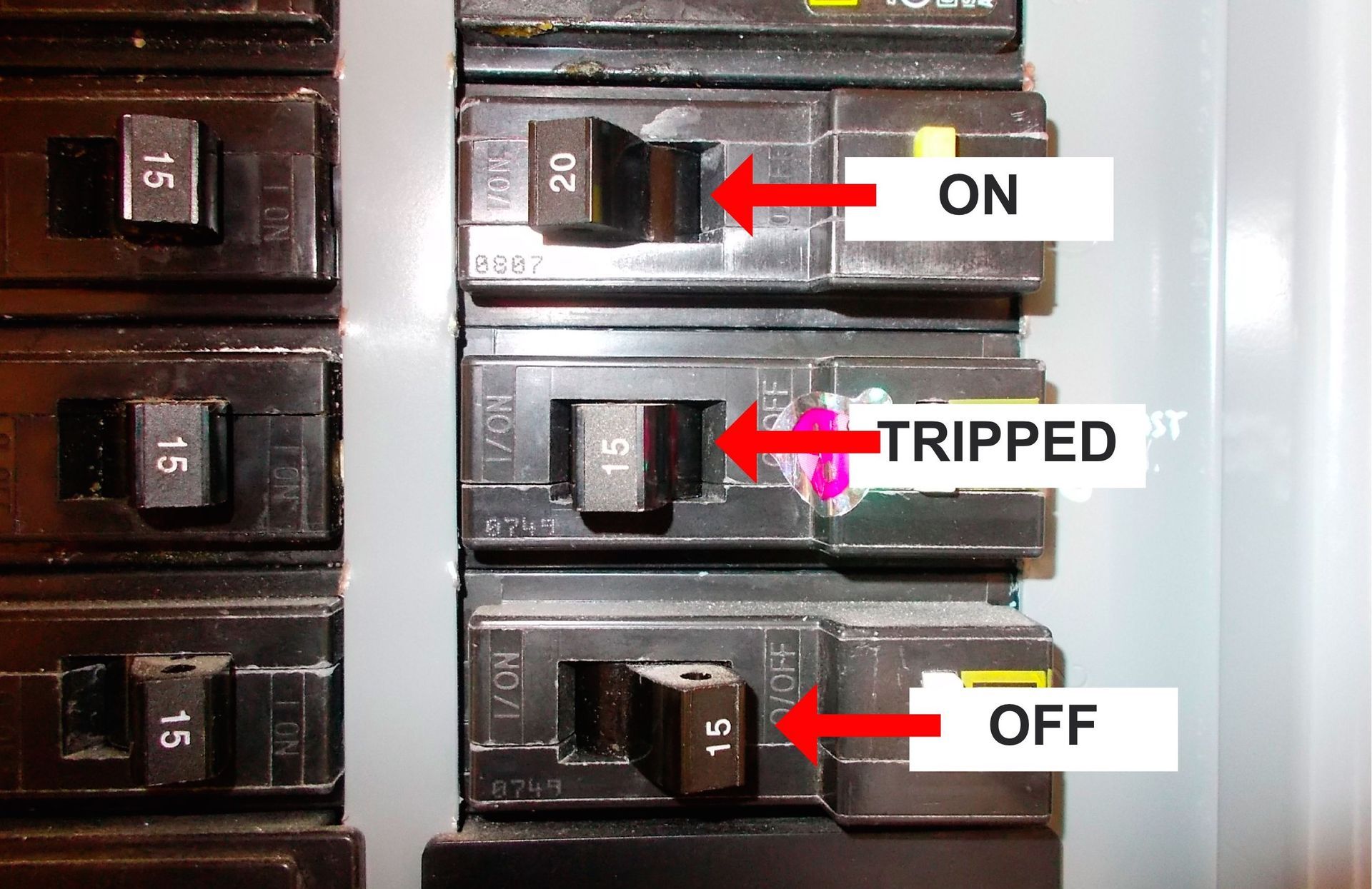 A close up of a circuit breaker that is on and tripped