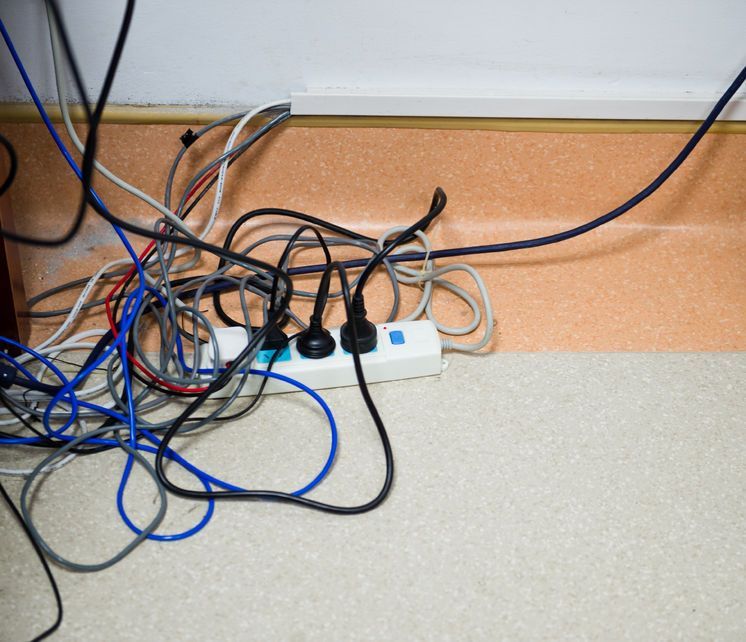 A bunch of wires are plugged into a power strip