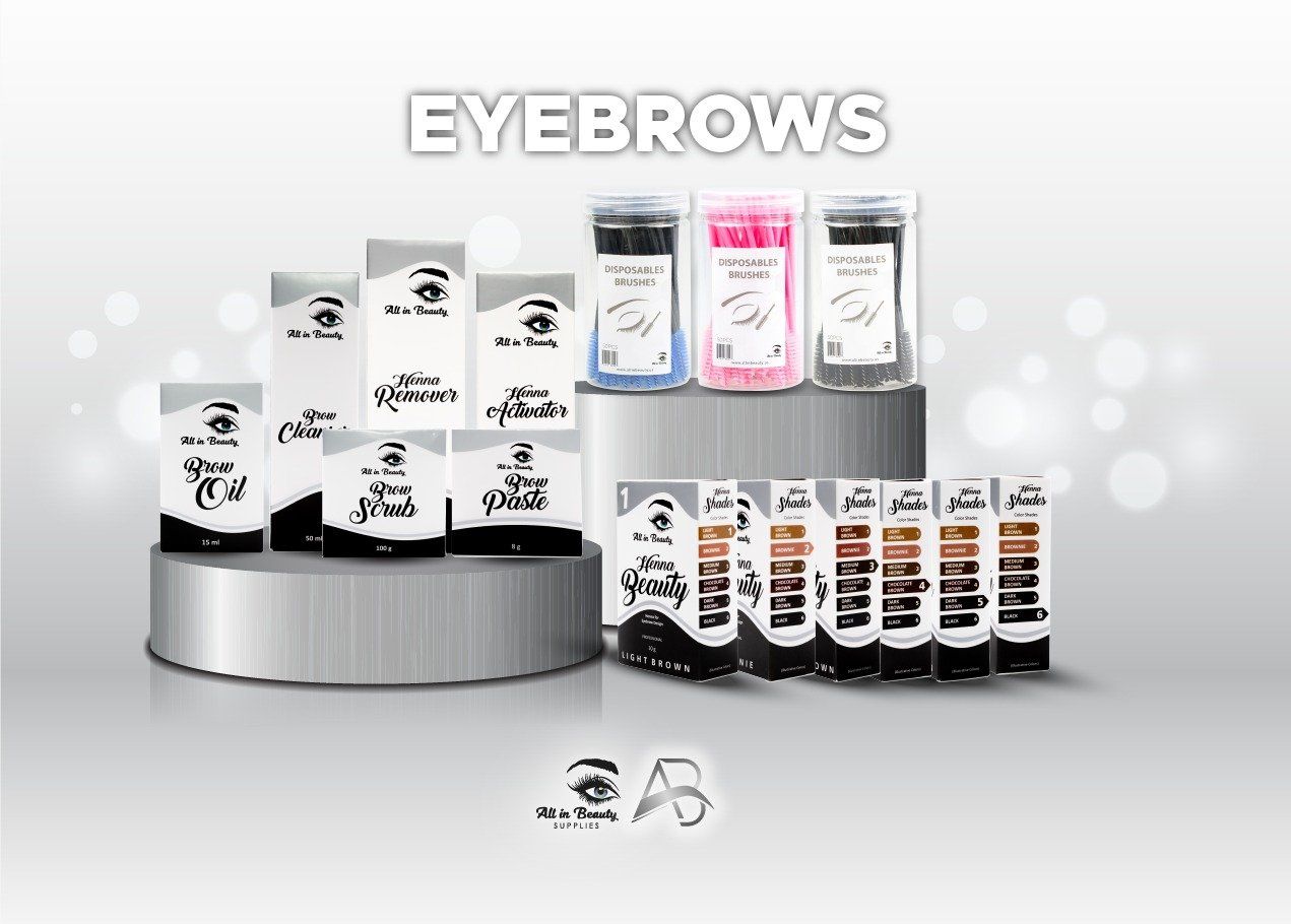 Eyebrow product display with packaging variations, includes boxes and containers.