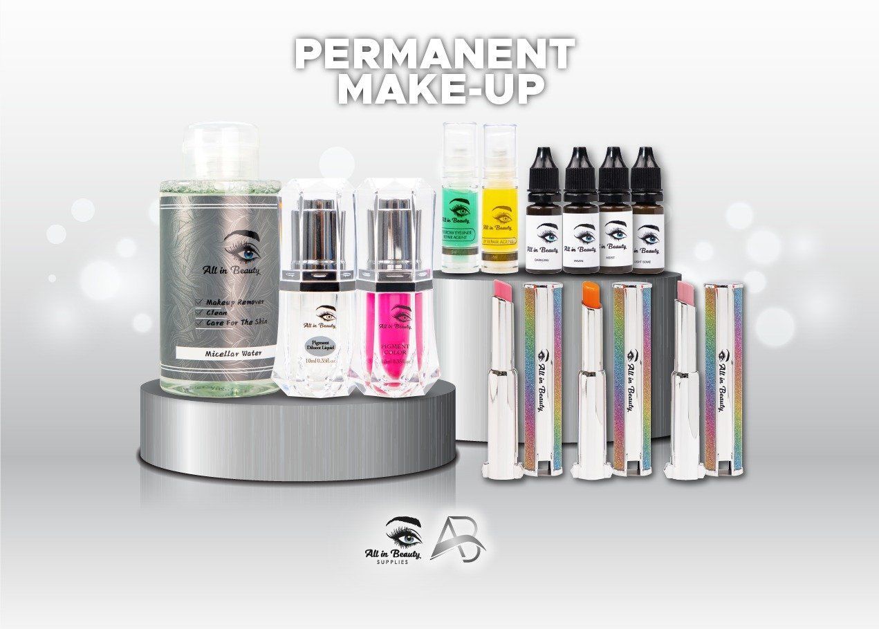 Permanent makeup products on a silver platform, including liquids and applicators, against a gradient background.