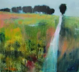 Colorful abstract landscape by Dan Villiers with a path leading to trees under a light blue sky.