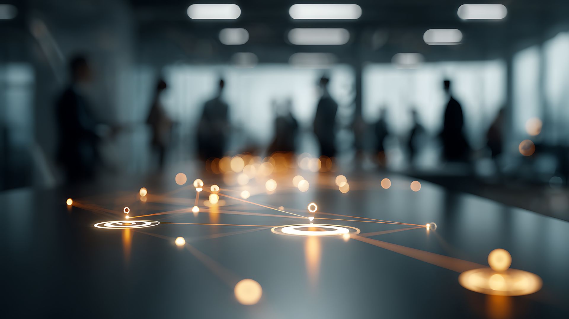 Close-up of a table with glowing interconnected dots, blurred figures in the background, a modern office.