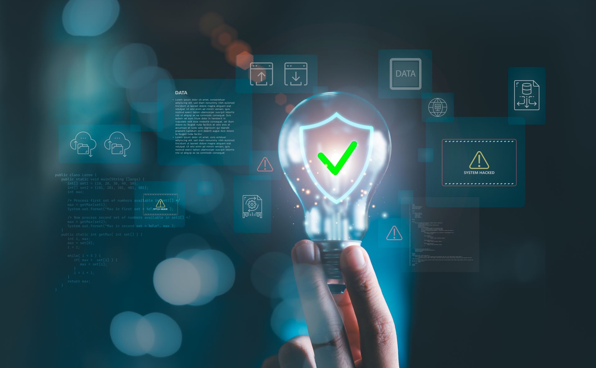 Hand holding lit lightbulb with a shield and check mark, surrounded by digital security icons.