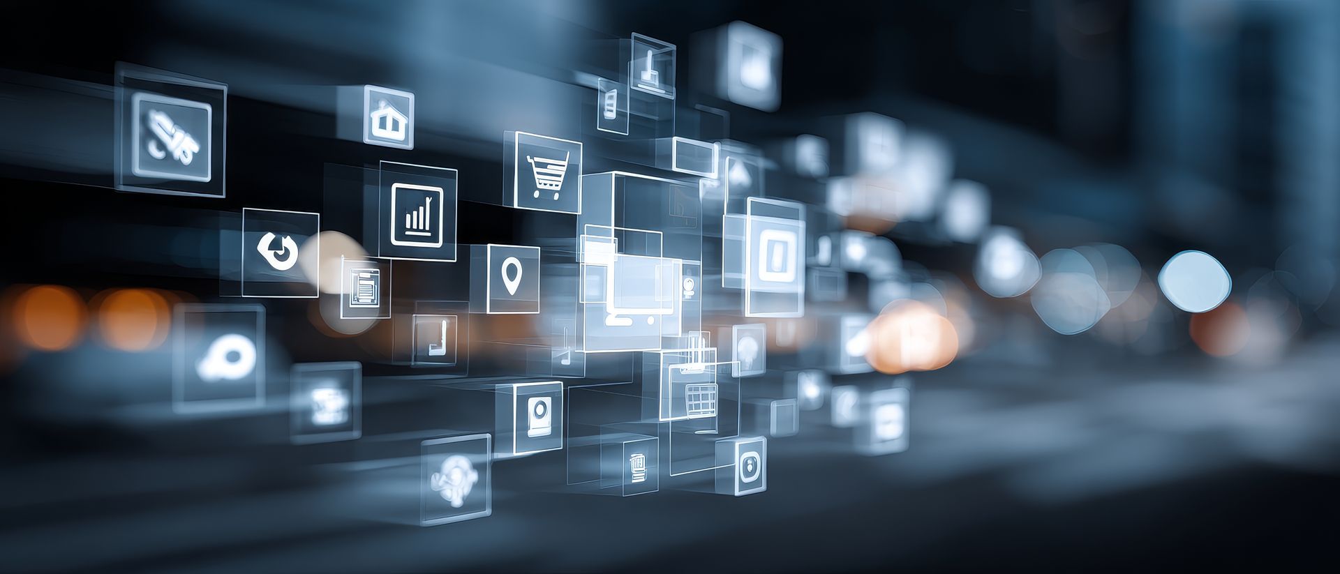 Abstract image of glowing digital icons overlaying a blurred background, suggesting data flow.