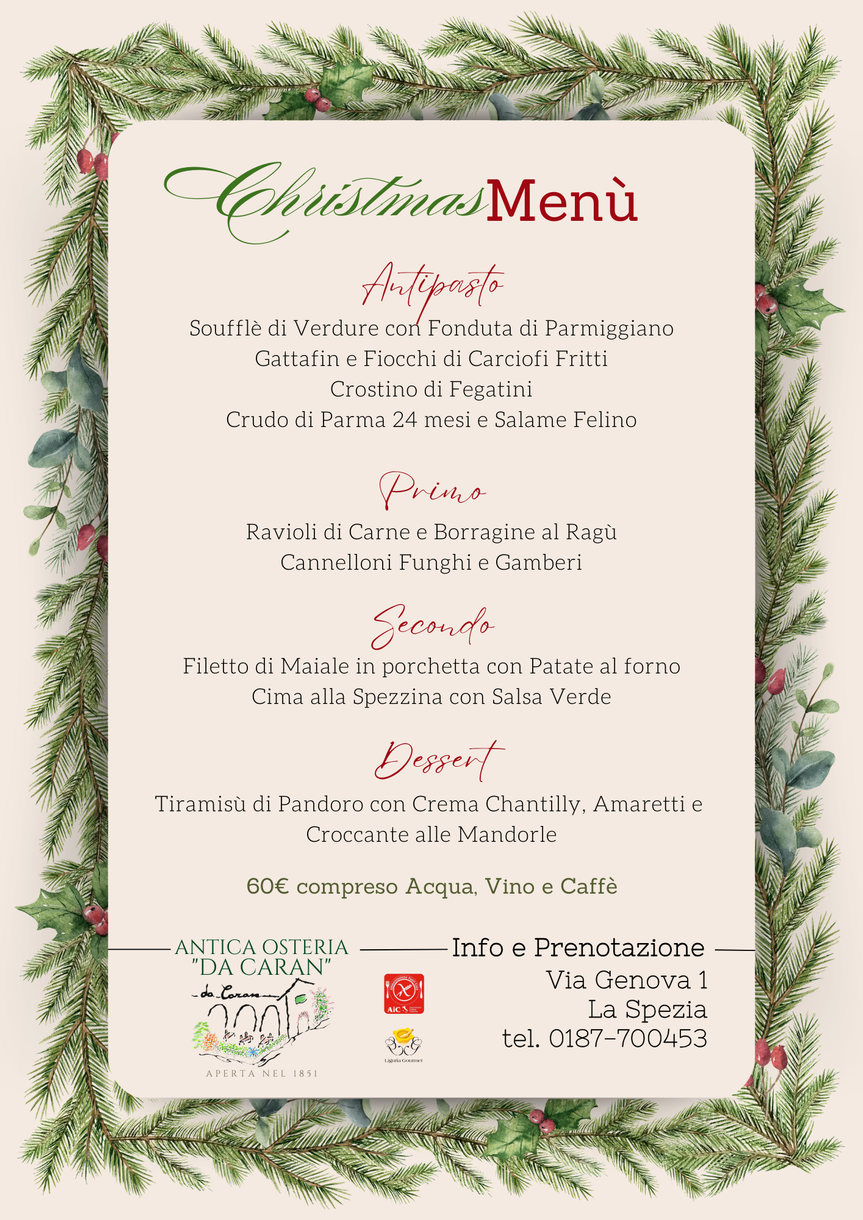 menù di natale del ristorante osteria da caran a La Spezia