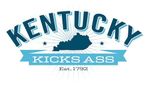 Kentucky logo with blue text, state silhouette, and banner reading “KICKS ASS” with “Est. 1792” below