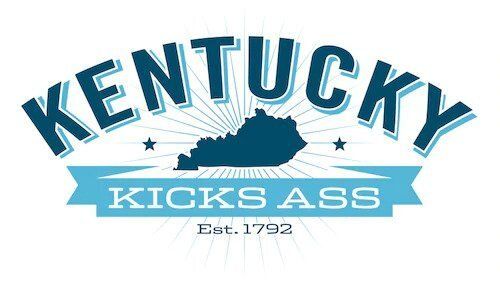 Kentucky logo with blue text, state silhouette, and banner reading “KICKS ASS” with “Est. 1792” below