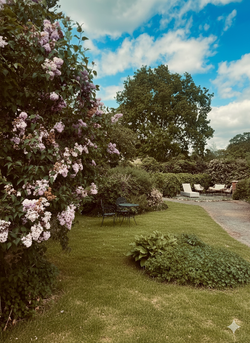 Garden path beside blooming pink flowers and green trees under a blue, cloudy sky