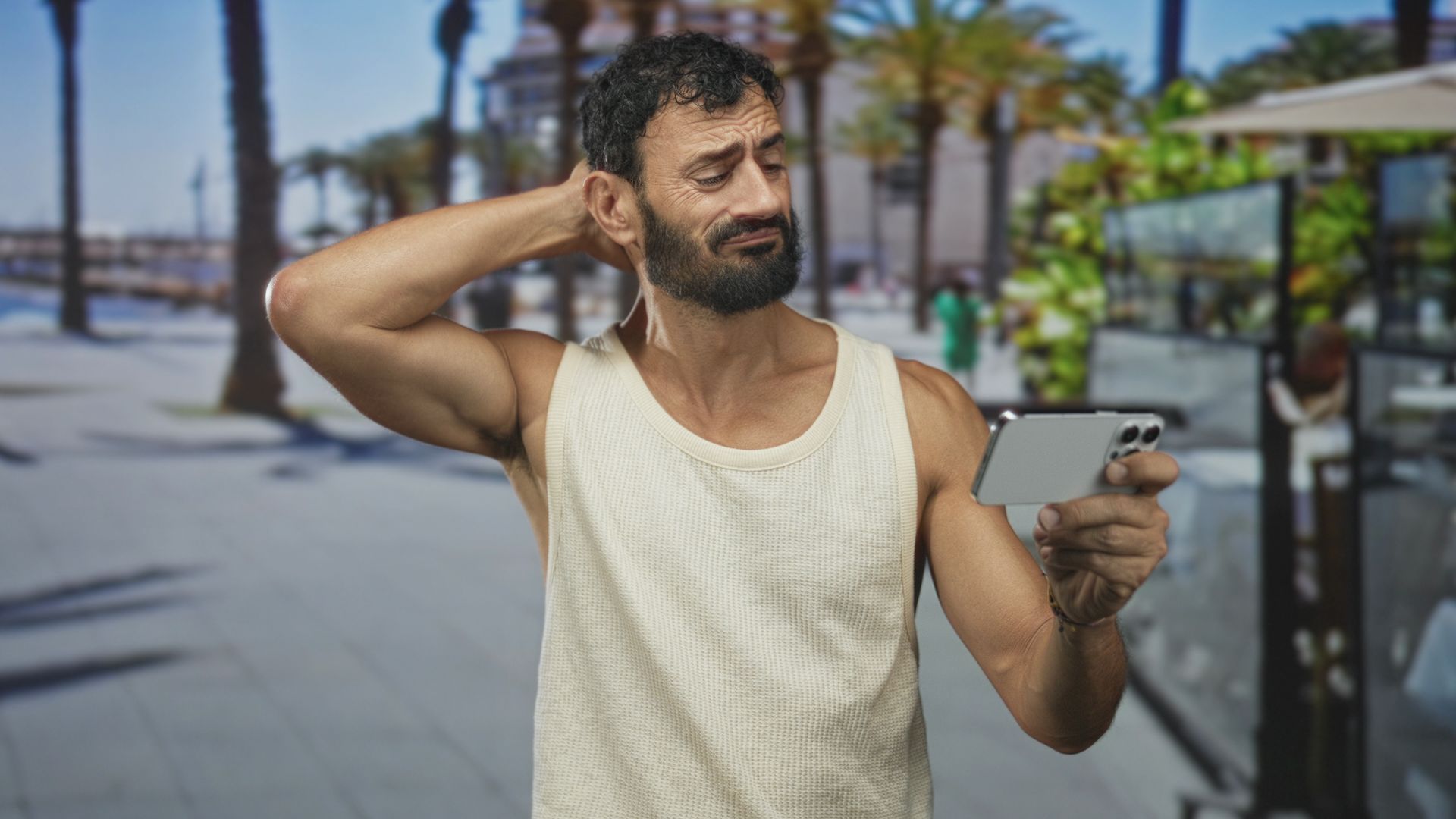 Smiling man on a palm-lined walkway, holding a tablet and scratching his neck.