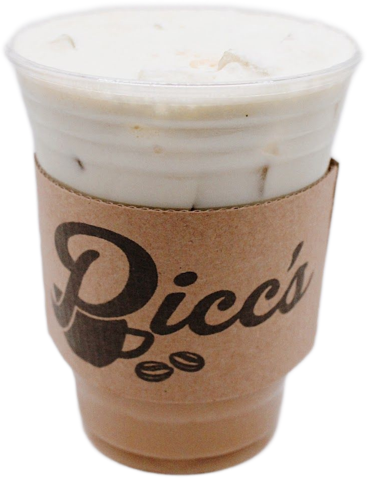 Plastic cup with a brown sleeve labeled “Picc,” filled with a light-colored frothy drink.