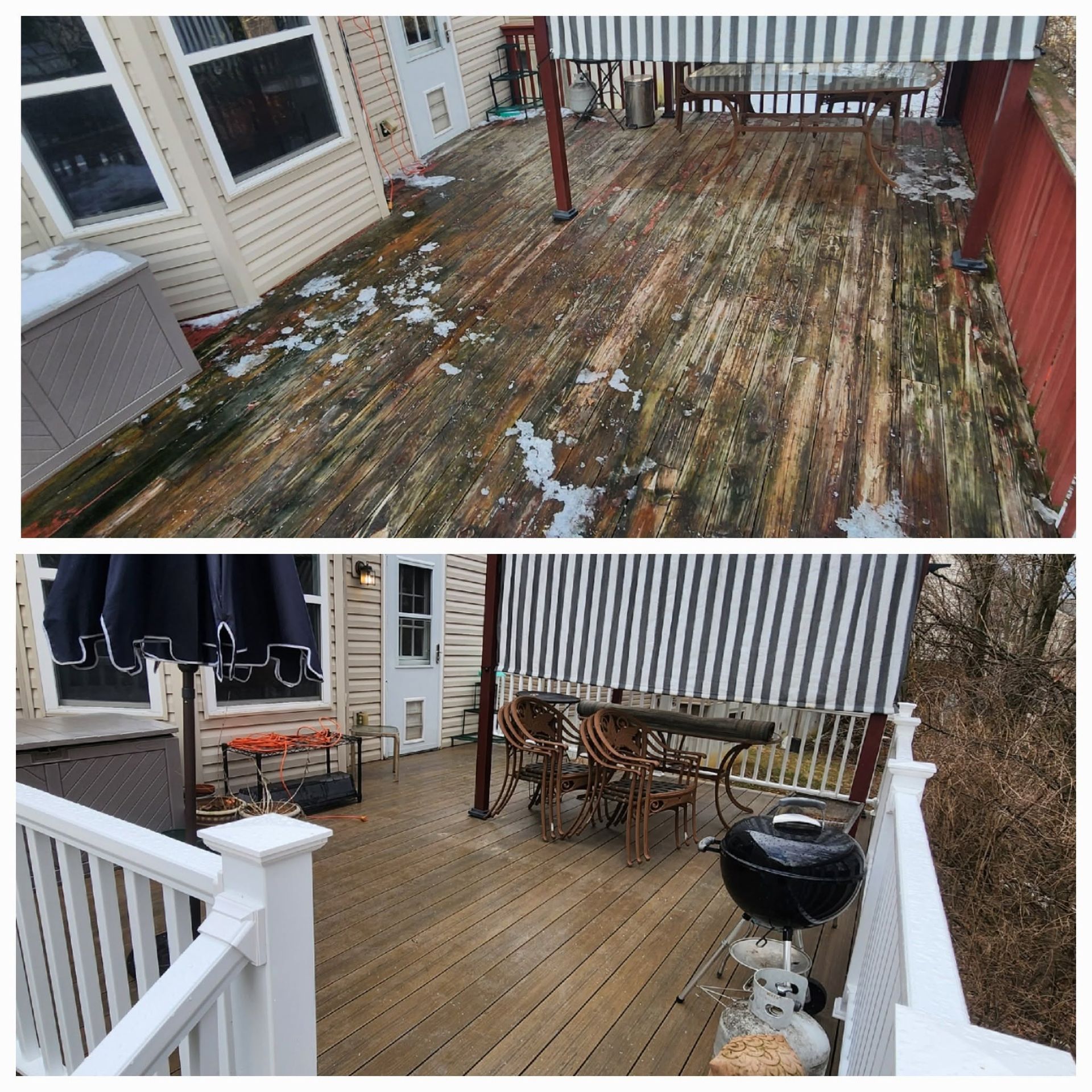 Weathered wooden deck before and after cleaning, with snow patches, patio table, grill, and white railings.