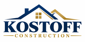 KOSTOFF Construction logo with navy and gold house roof and bold text