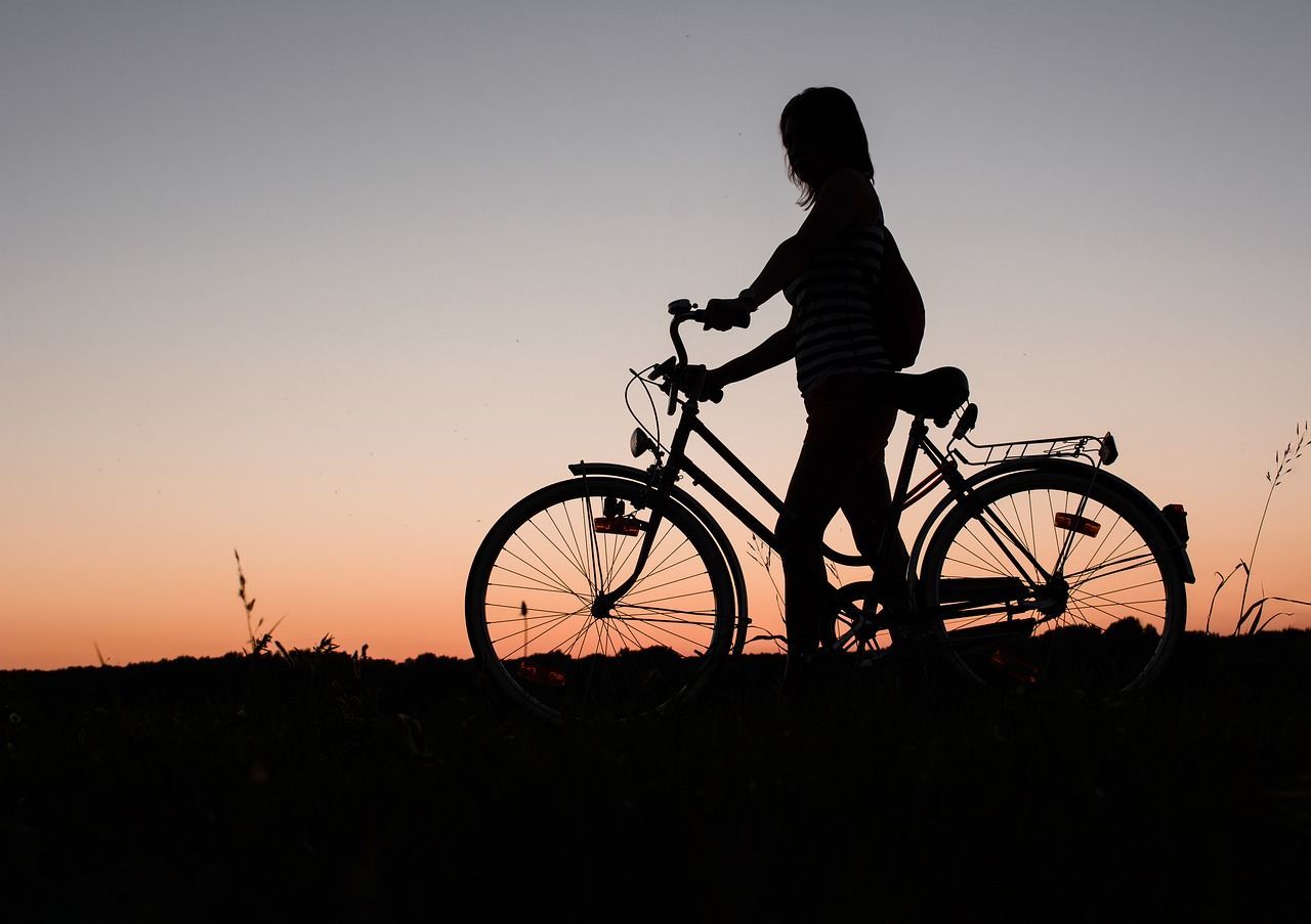 Silhouette of a person with a bicycle against an orange and purple sunset.